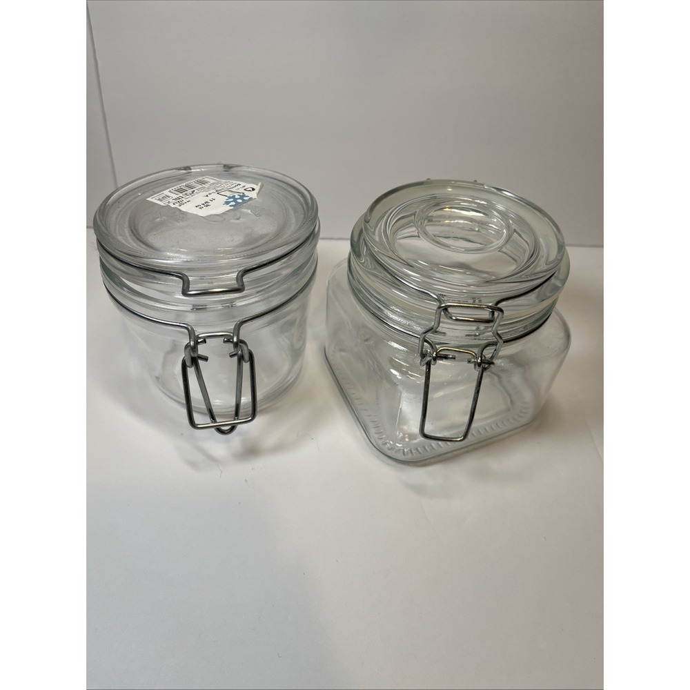 Set of 2 Clear Glass  Mason Jars , (1) Square, (1)Circ Clamp Lids Canisters